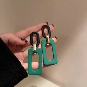 Green Black and Gold Tone Geometric Acrylic Statement Earrings